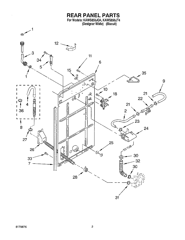 REAR PANEL Diagram and Parts List for KAWS850JQ4  KitchenAid Washer