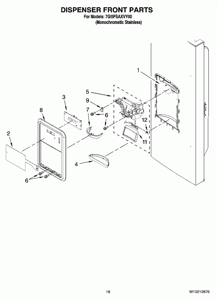 DISPENSER FRONT PARTS Diagram and Parts List for 7GI5FSAXVY00  Whirlpool Refrigerator