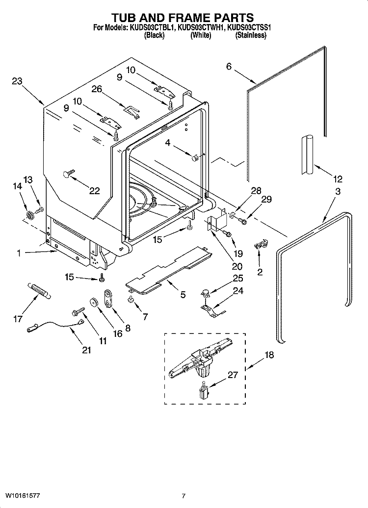 TUB AND FRAME PARTS Diagram and Parts List for KUDS03CTWH1  KitchenAid Dishwasher