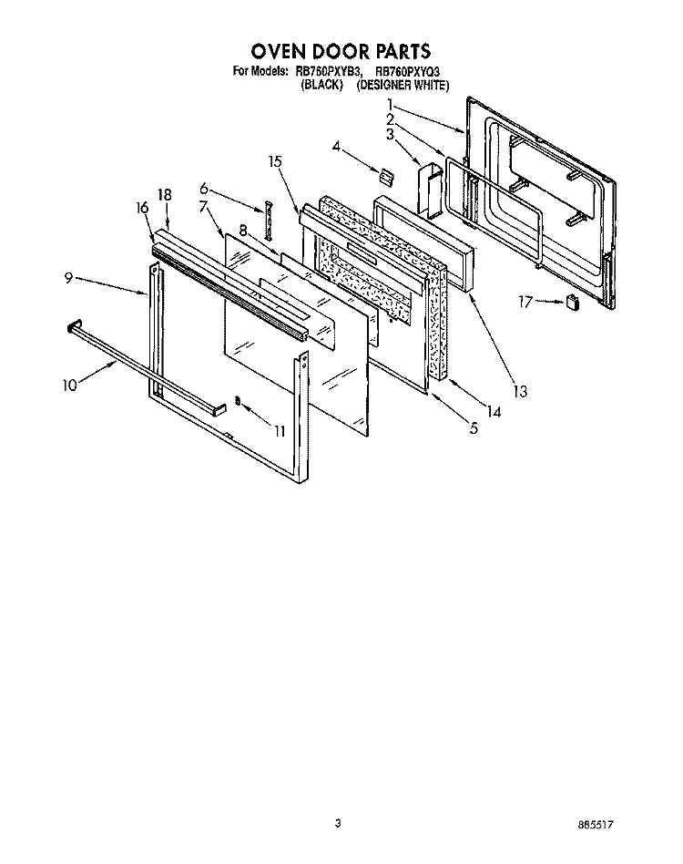 OVEN DOOR Diagram and Parts List for RB760PXYQ3  Whirlpool Wall Oven