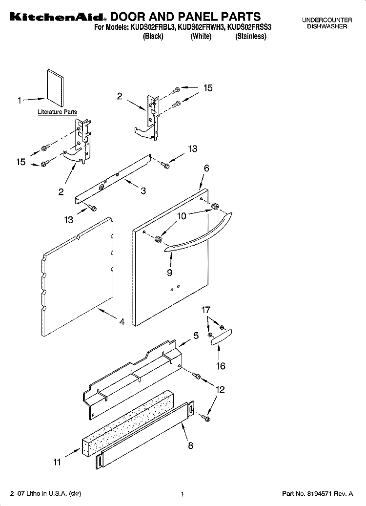 DOOR AND PANEL PARTS Diagram and Parts List for KUDS02FRBL3  KitchenAid Dishwasher