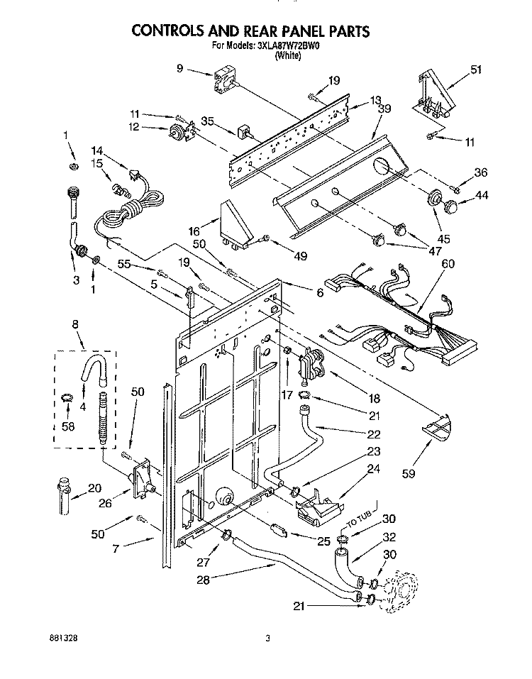 CONTROLS AND REAR PANEL Diagram and Parts List for 3XLA87W72BW0  Whirlpool Washer