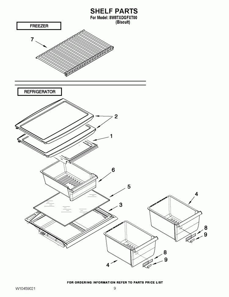 SHELF PARTS Diagram and Parts List for 8W8TXDGFXT00  Whirlpool Refrigerator