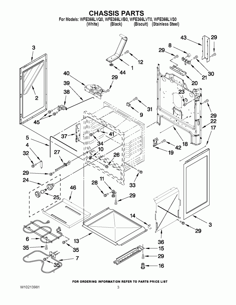 CHASSIS PARTS Diagram and Parts List for WFE366LVQ0  Whirlpool Range