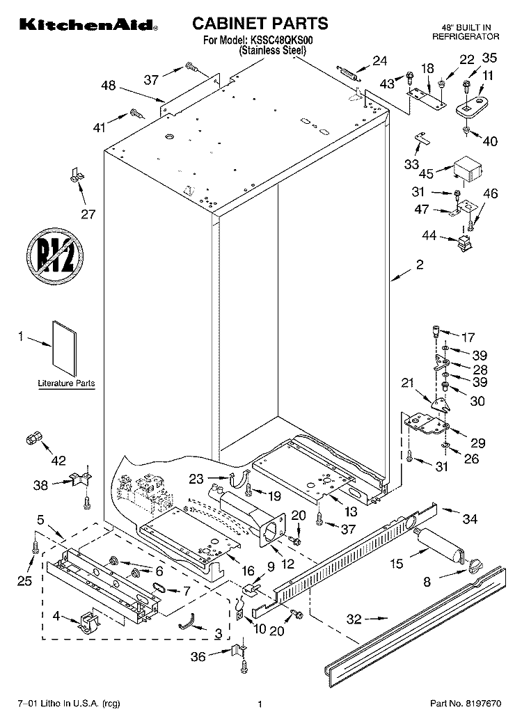 CABINET, LITERATURE Diagram and Parts List for KSSC48QKS00  KitchenAid Refrigerator