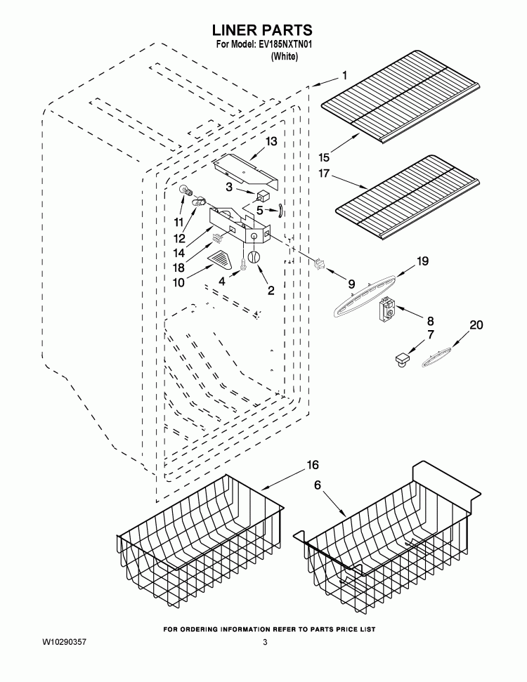 LINER PARTS Diagram and Parts List for EV185NXTN01  Whirlpool Freezer
