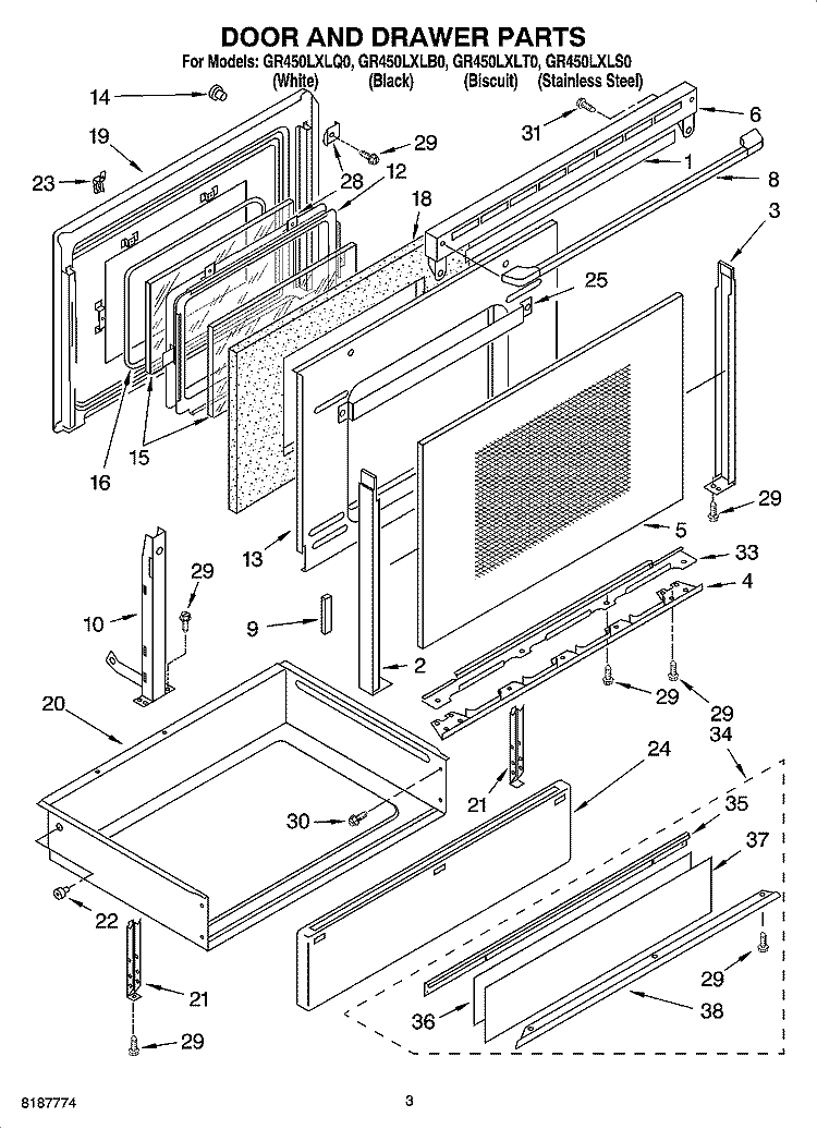 DOOR AND DRAWER PARTS Diagram and Parts List for GR450LXLS0  Whirlpool Range