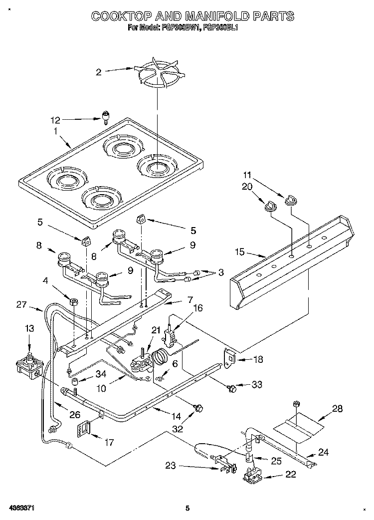 COOKTOP AND MANIFOLD, LIT/OPTIONAL Diagram and Parts List for FGP300BL1  Roper Range