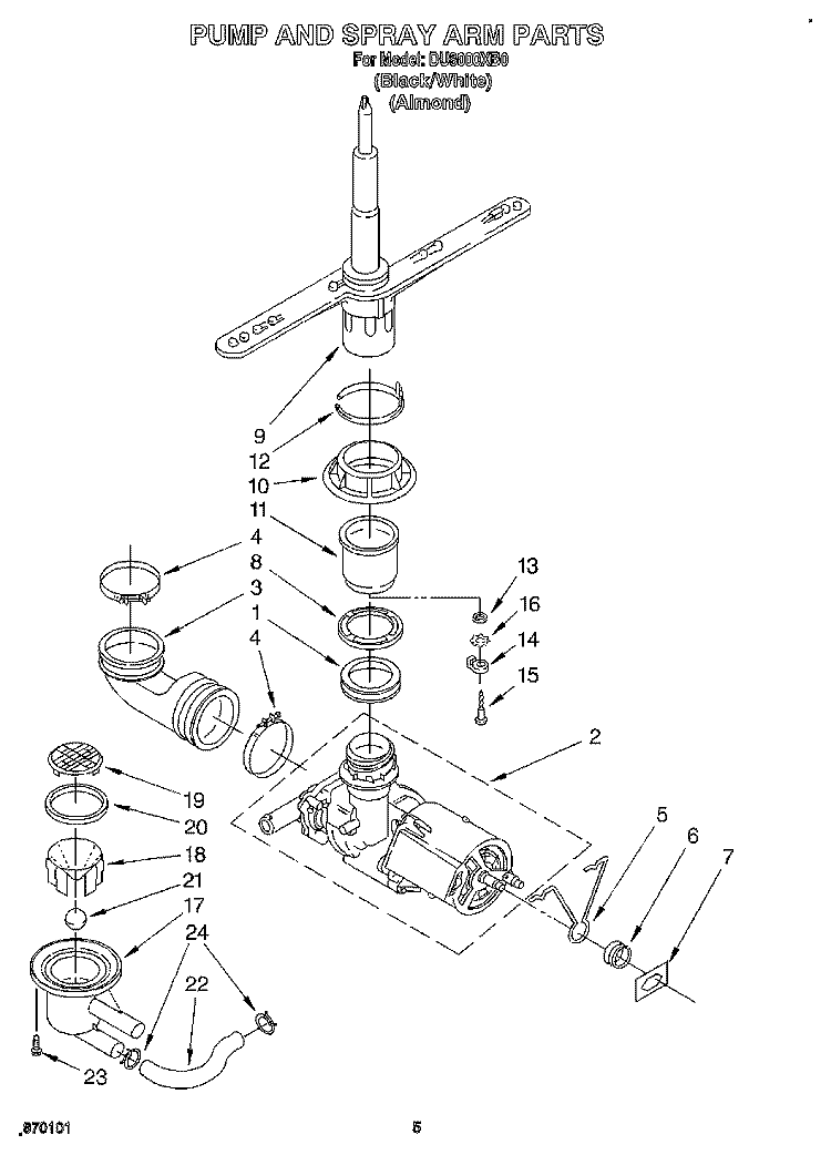 PUMP AND SPRAY ARM Diagram and Parts List for DU8000XB0  Whirlpool Dishwasher