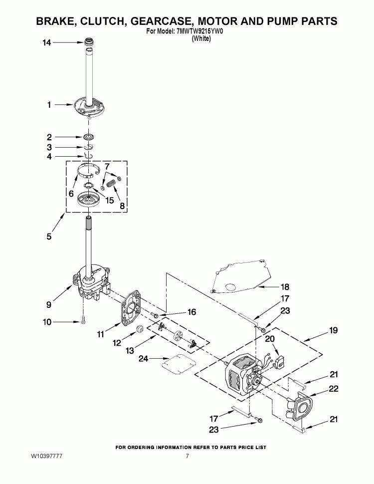 BRAKE, CLUTCH, GEARCASE, MOTOR AND PUMP PARTS Diagram and Parts List for 7MWTW9215YW0  Whirlpool Washer