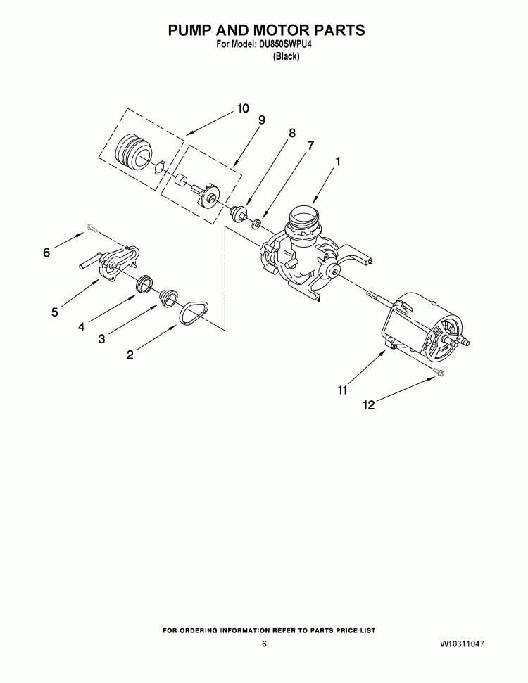 PUMP AND MOTOR PARTS Diagram and Parts List for DU850SWPU4  Whirlpool Dishwasher