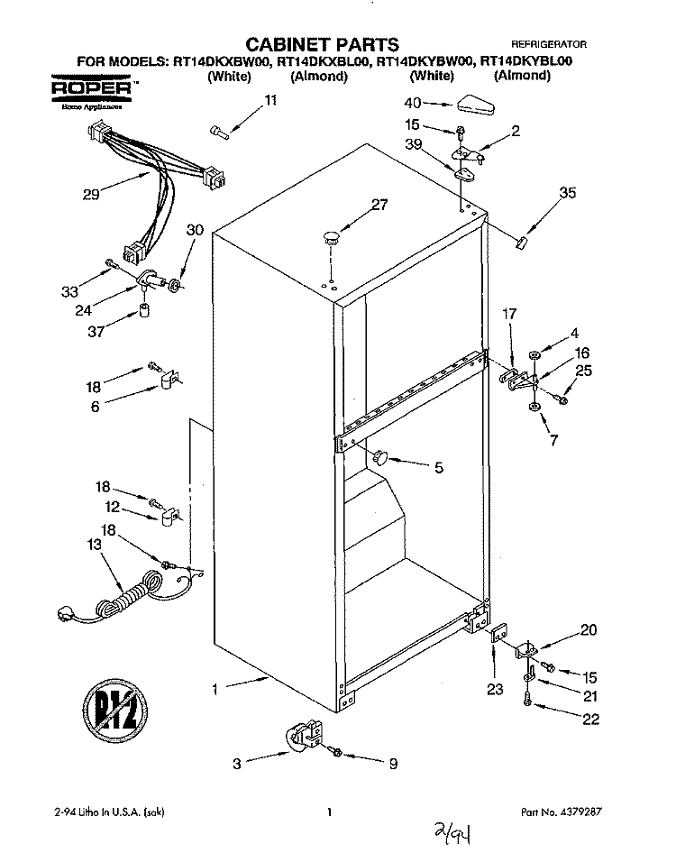 CABINET Diagram and Parts List for RT14DKXBL00  Roper Refrigerator