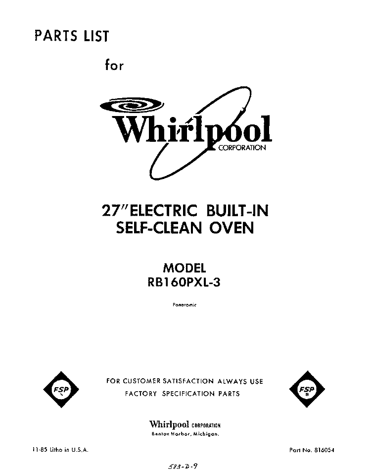 SECTION Diagram and Parts List for RB160PXL3  Whirlpool Wall Oven