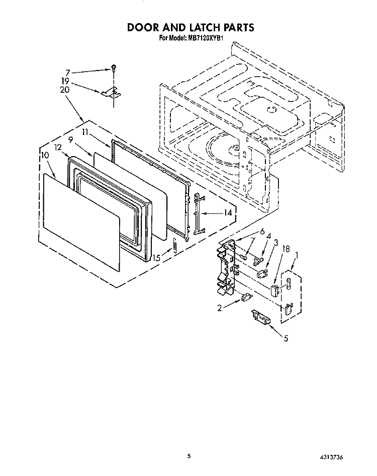 DOOR AND LATCH Diagram and Parts List for MB7120XYB1  Whirlpool Microwave
