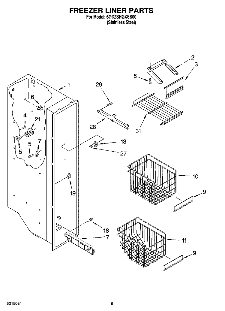 FREEZER LINER PARTS Diagram and Parts List for 6GD2SHGXSS00  Whirlpool Refrigerator