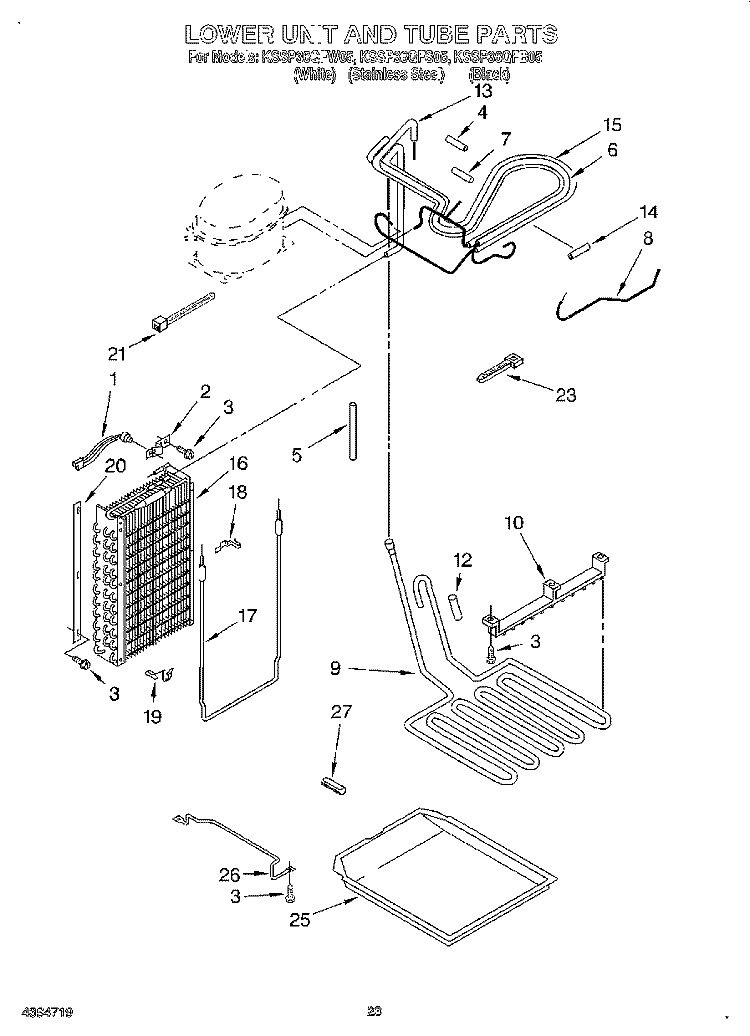 LOWER UNIT AND TUBE Diagram and Parts List for KSSP36QFB05  KitchenAid Refrigerator