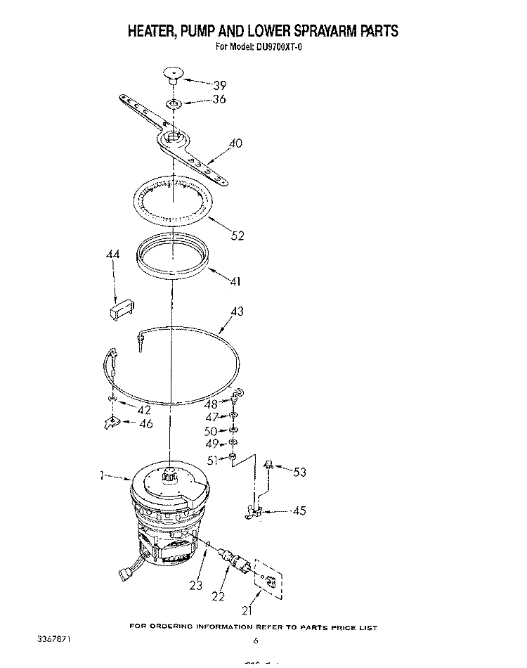 HEATER, PUMP AND LOWER SPRAY ARM Diagram and Parts List for DU9700XT0  Whirlpool Dishwasher