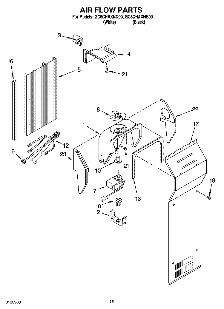 AIR FLOW PARTS Diagram and Parts List for GC5CHAXNB00  Whirlpool Refrigerator