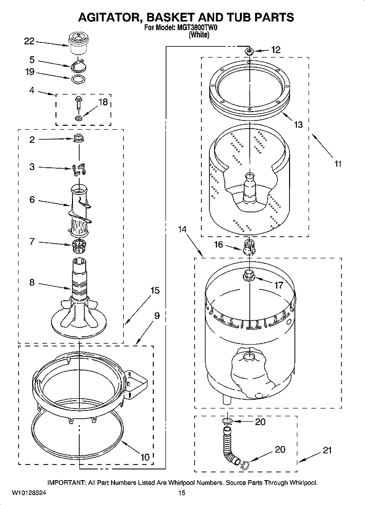 AGITATOR, BASKET AND TUB PARTS Diagram and Parts List for MGT3800TW0  Maytag Washer Dryer Combo