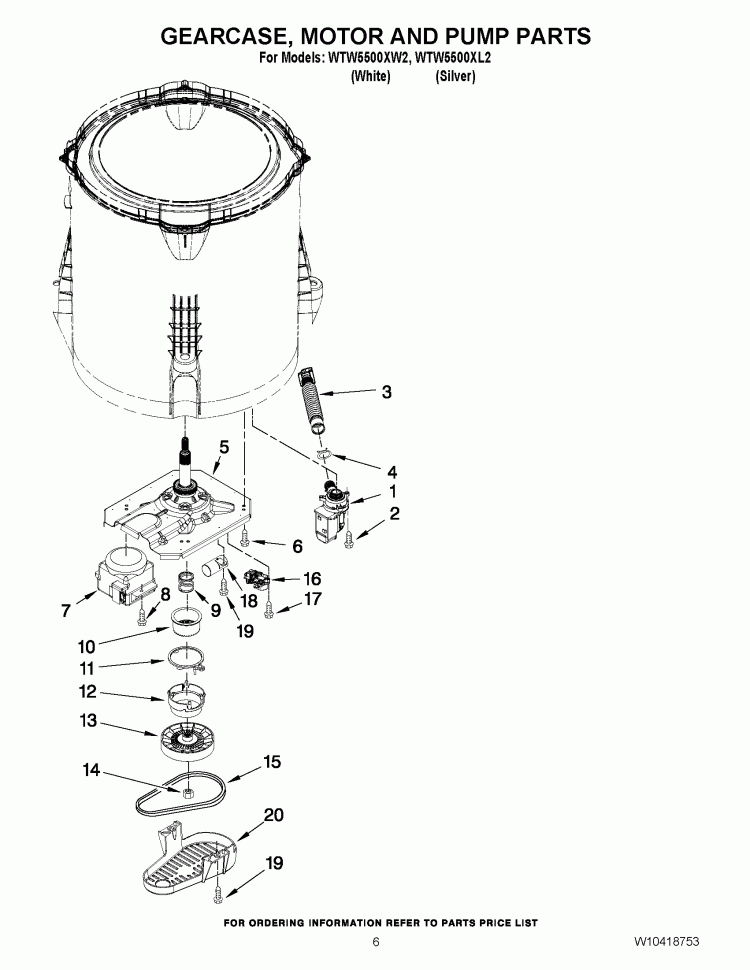 GEARCASE, MOTOR AND PUMP PARTS Diagram and Parts List for WTW5500XL2  Whirlpool Washer