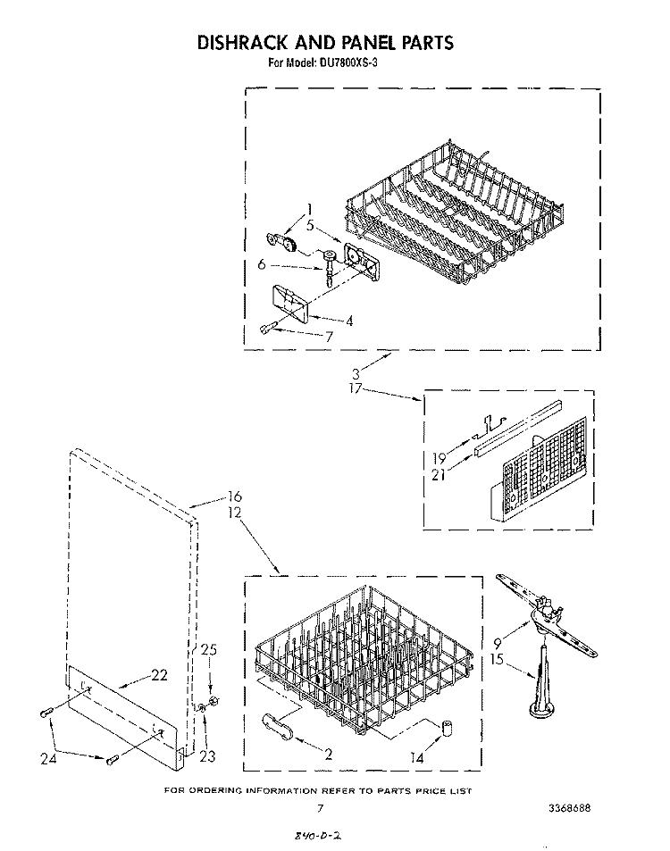 DISHRACK AND PANEL Diagram and Parts List for DU7800XS3  Whirlpool Dishwasher