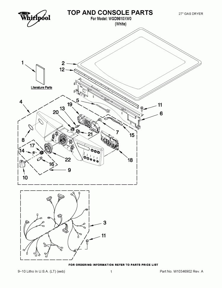 TOP AND CONSOLE PARTS Diagram and Parts List for WGD9610XW0  Whirlpool Dryer
