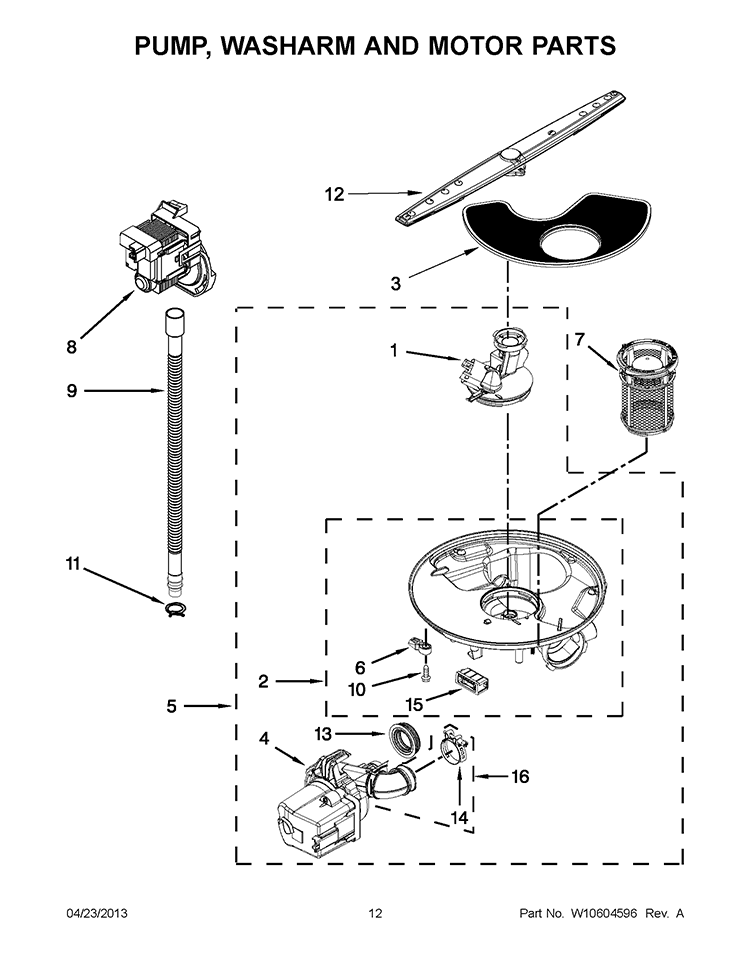 PUMP, WASHARM AND MOTOR PARTS Diagram and Parts List for WDF110PABB0  Whirlpool Dishwasher
