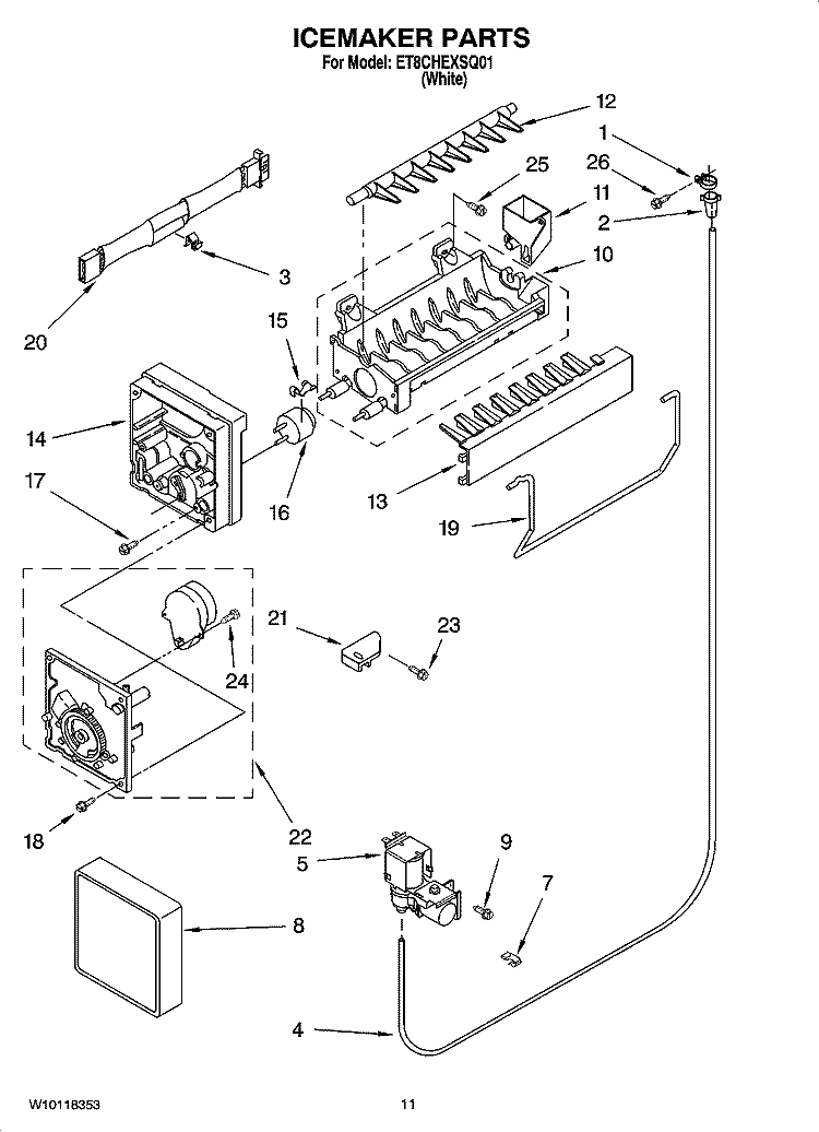 ICEMAKER PARTS, OPTIONAL PARTS Diagram and Parts List for ET8CHEXSQ01  Whirlpool Refrigerator