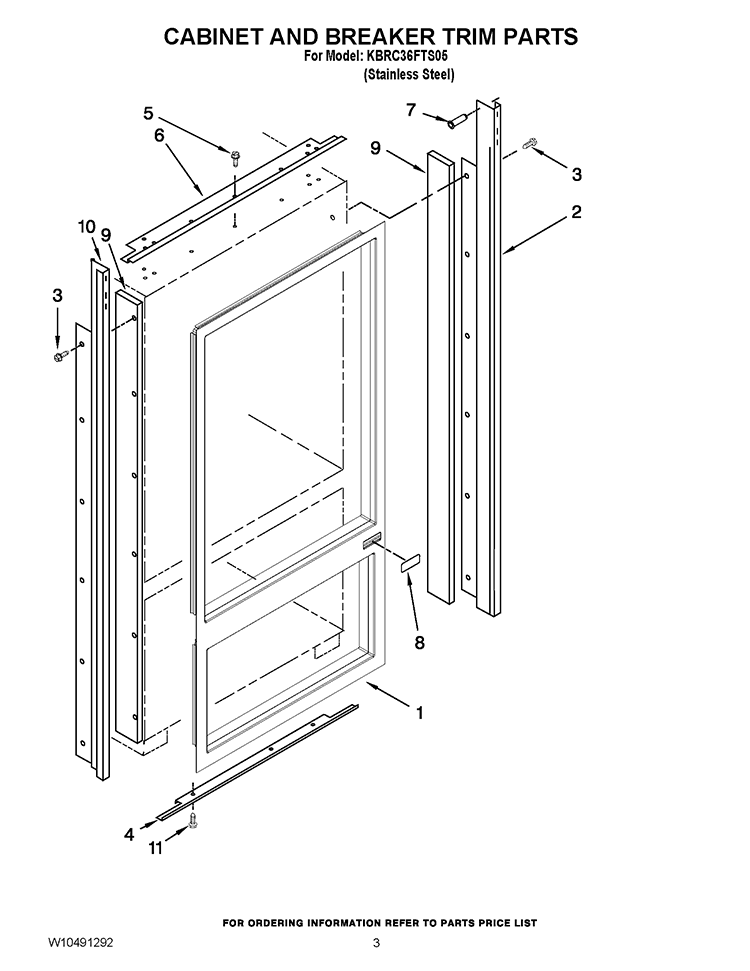 CABINET AND BREAKER TRIM PARTS Diagram and Parts List for KBRC36FTS05  KitchenAid Refrigerator