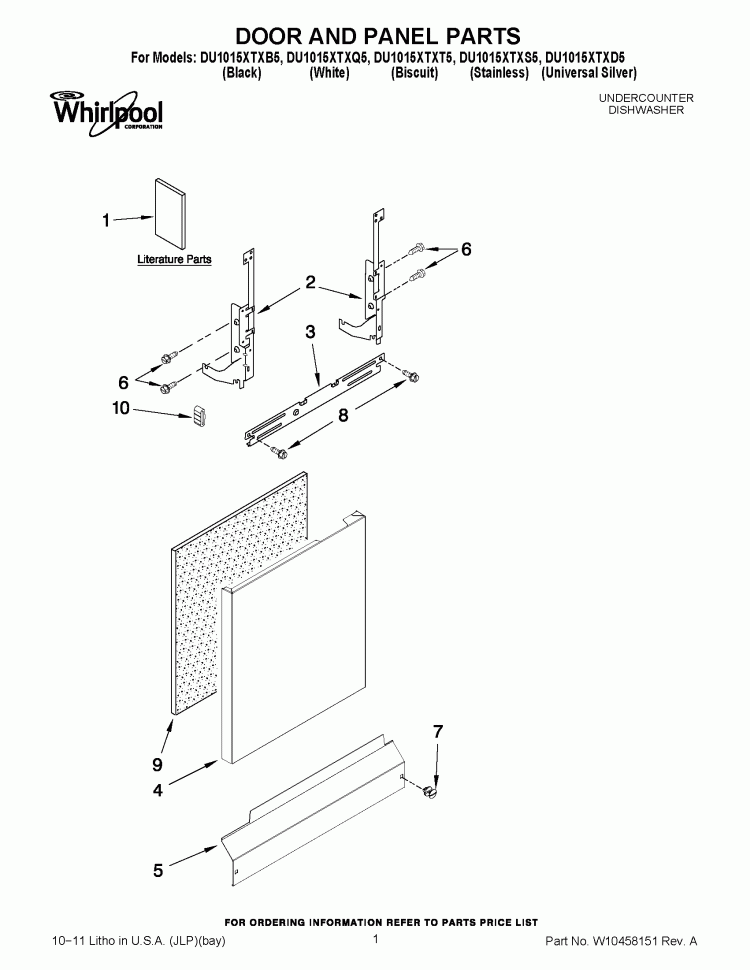 DOOR AND PANEL PARTS Diagram and Parts List for DU1015XTXB5  Whirlpool Dishwasher