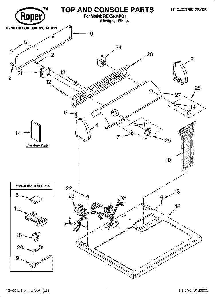 TOP AND CONSOLE PARTS Diagram and Parts List for REX5634PQ1  Roper Dryer