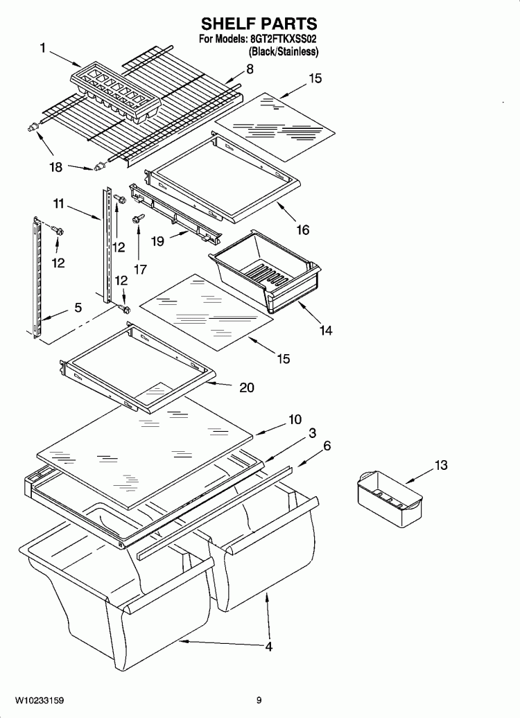 SHELF PARTS, OPTIONAL PARTS (NOT INCLUDED) Diagram and Parts List for 8GT2FTKXSS02  Whirlpool Refrigerator