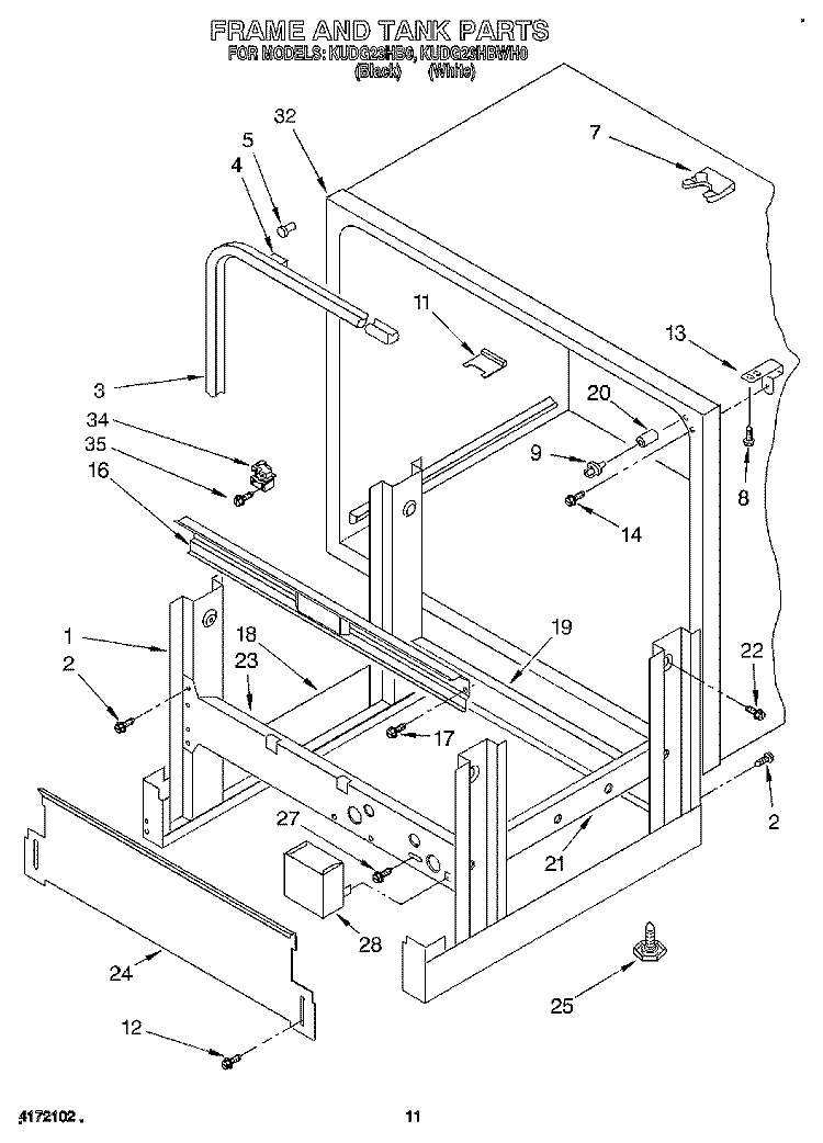 FRAME AND TANK Diagram and Parts List for KUDG23HBWH0  KitchenAid Dishwasher