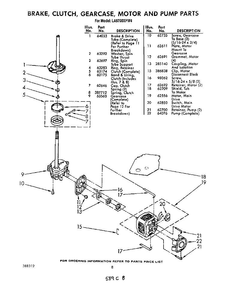 BRAKE, CLUTCH, GEARCASE, MOTOR AND PUMP Diagram and Parts List for LA5700XPW4  Whirlpool Washer