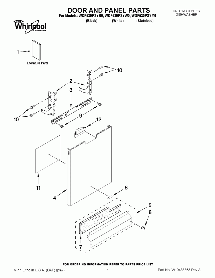 DOOR AND PANEL PARTS Diagram and Parts List for WDF530PSYW0  Whirlpool Dishwasher
