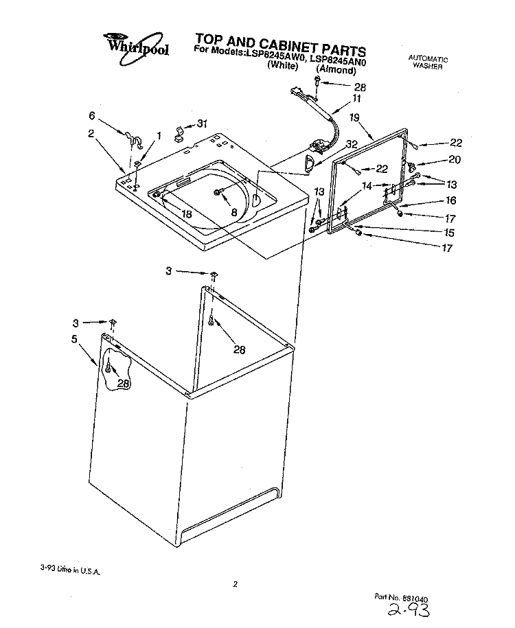 TOP AND CABINET, LIT/OPTIONAL Diagram and Parts List for LSP8245AW0  Whirlpool Washer