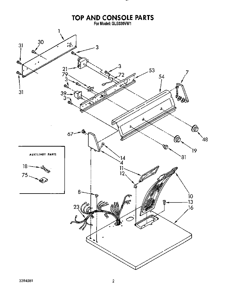 TOP AND CONSOLE, LIT/OPTIONAL Diagram and Parts List for GL5030VL1  Roper Dryer