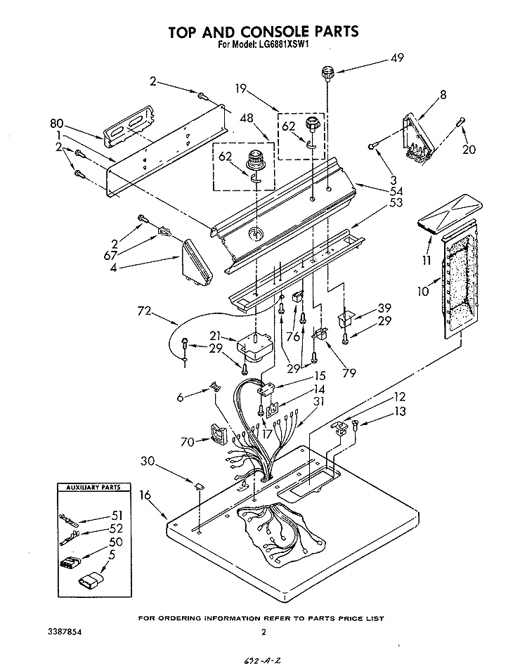 TOP AND CONSOLE , LITERATURE AND OPTIONAL Diagram and Parts List for LG6881XSW1  Whirlpool Dryer