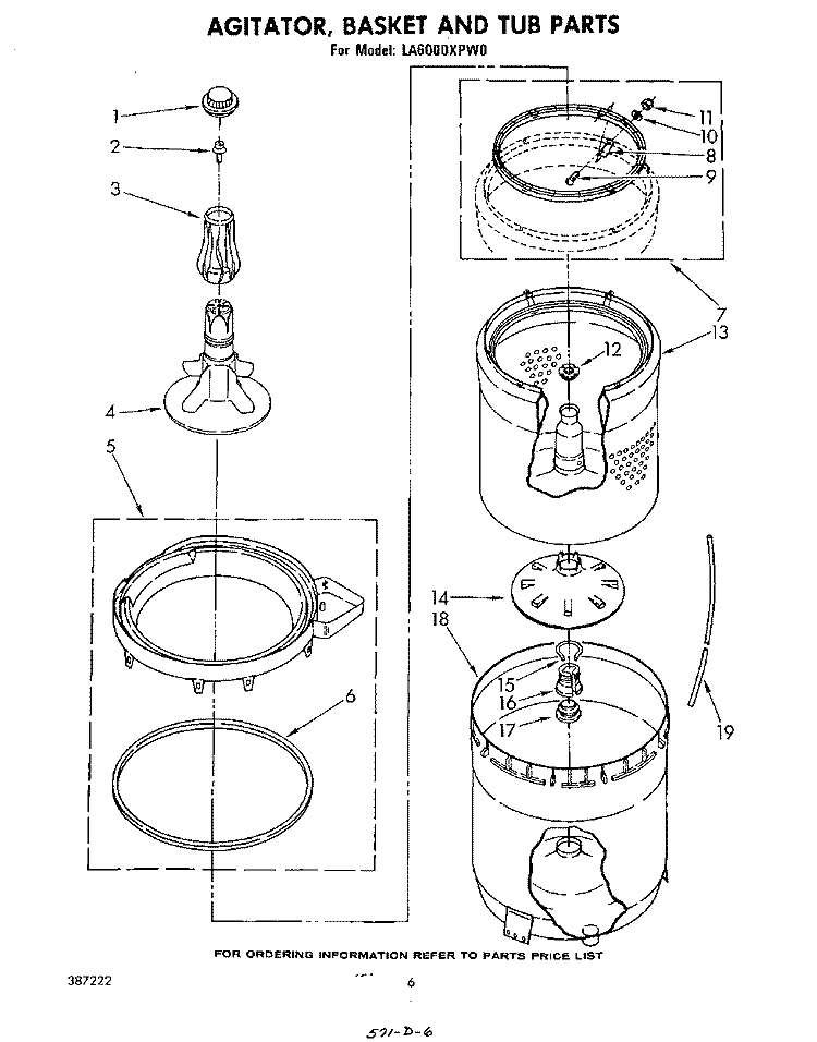 AGITATOR, BASKET AND TUB Diagram and Parts List for LA6000XPW0  Whirlpool Washer