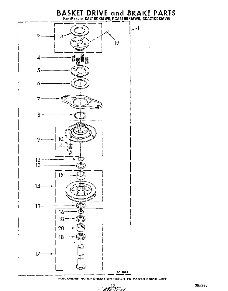 BASKET DRIVE AND BRAKE Diagram and Parts List for 3CA2100XMW0  Whirlpool Washer