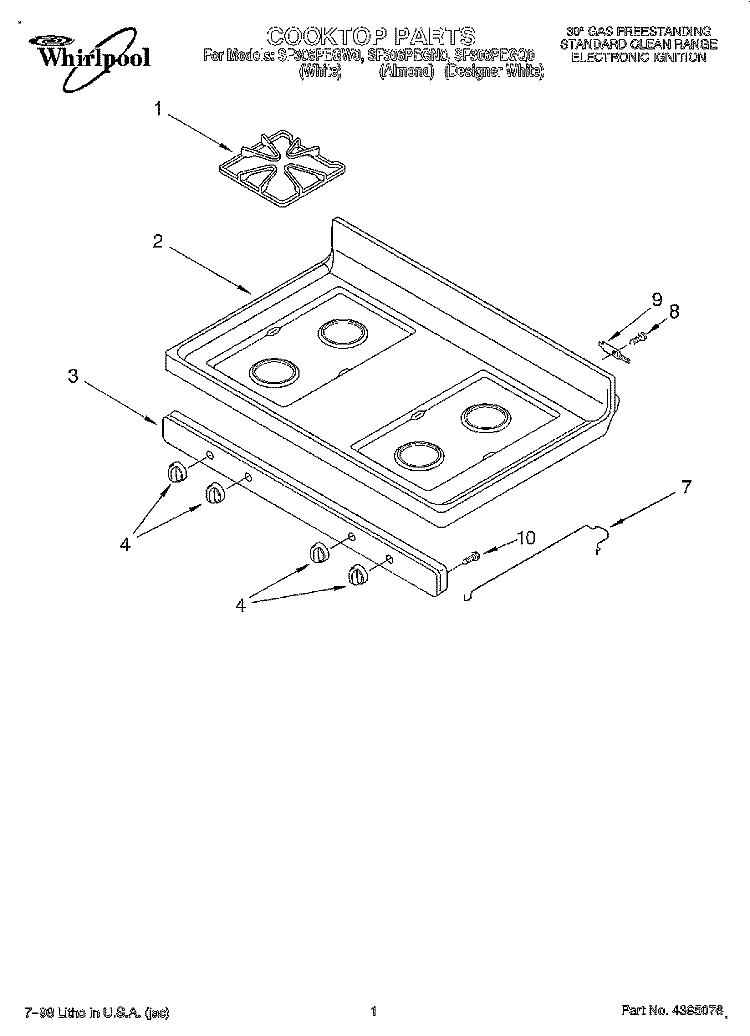 COOKTOP Diagram and Parts List for SF306PEGQ0  Whirlpool Range