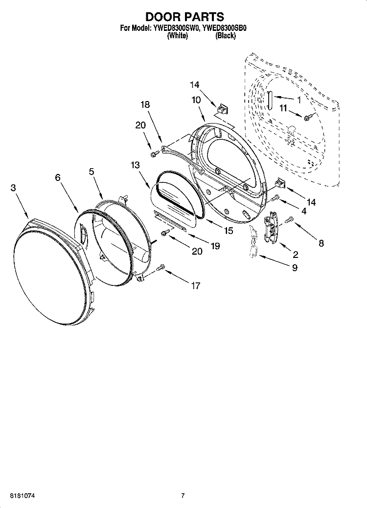 DOOR PARTS, OPTIONAL PARTS (NOT INCLUDED) Diagram and Parts List for YWED8300SW0  Whirlpool Dryer