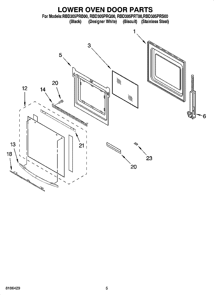 LOWER OVEN DOOR PARTS Diagram and Parts List for RBD305PRQ00  Whirlpool Wall Oven