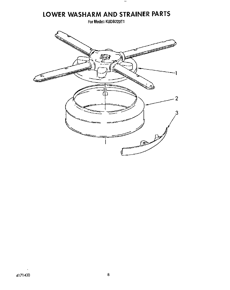 LOWER WASHARM AND STRAINER Diagram and Parts List for KUDB220T1  KitchenAid Dishwasher