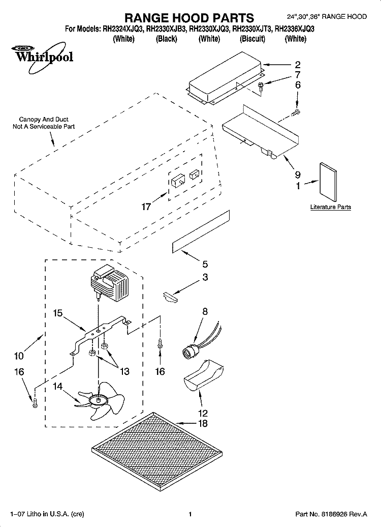RANGE HOOD PARTS Diagram and Parts List for RH2324XJQ3  Whirlpool Range Hood