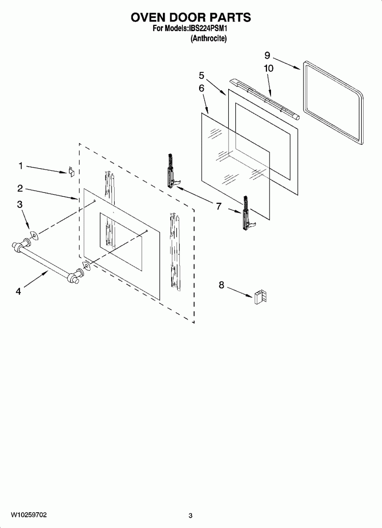 OVEN DOOR PARTS Diagram and Parts List for IBS224PSM1  Whirlpool Wall Oven
