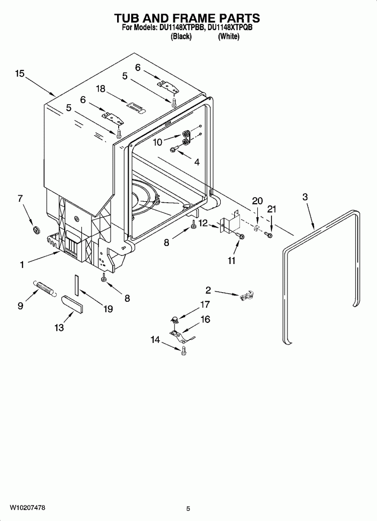 TUB AND FRAME PARTS Diagram and Parts List for DU1148XTPBB  Whirlpool Dishwasher