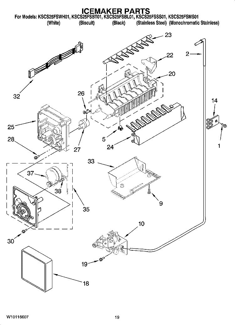 ICEMAKER PARTS, OPTIONAL PARTS (NOT INCLUDED) Diagram and Parts List for KSCS25FSMS01  KitchenAid Refrigerator