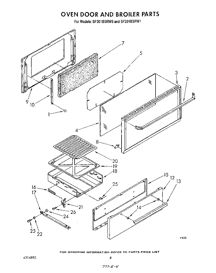 OVEN DOOR AND BROILER Diagram and Parts List for SF301BSRW1  Whirlpool Range