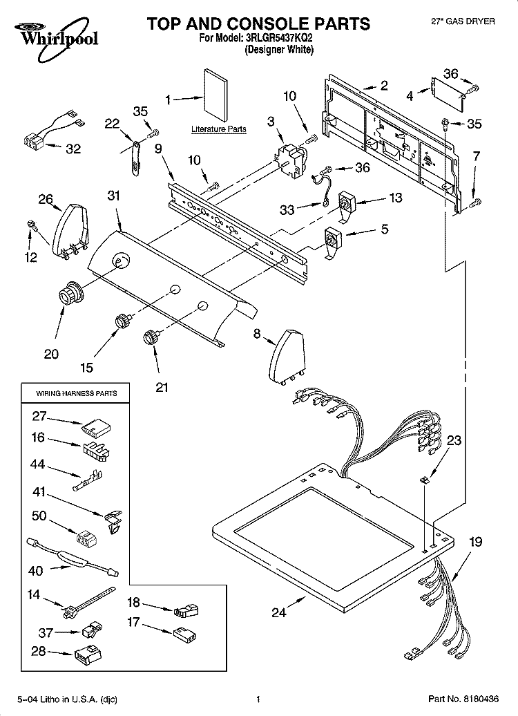 TOP AND CONSOLE PARTS Diagram and Parts List for 3RLGR5437KQ2  Whirlpool Dryer